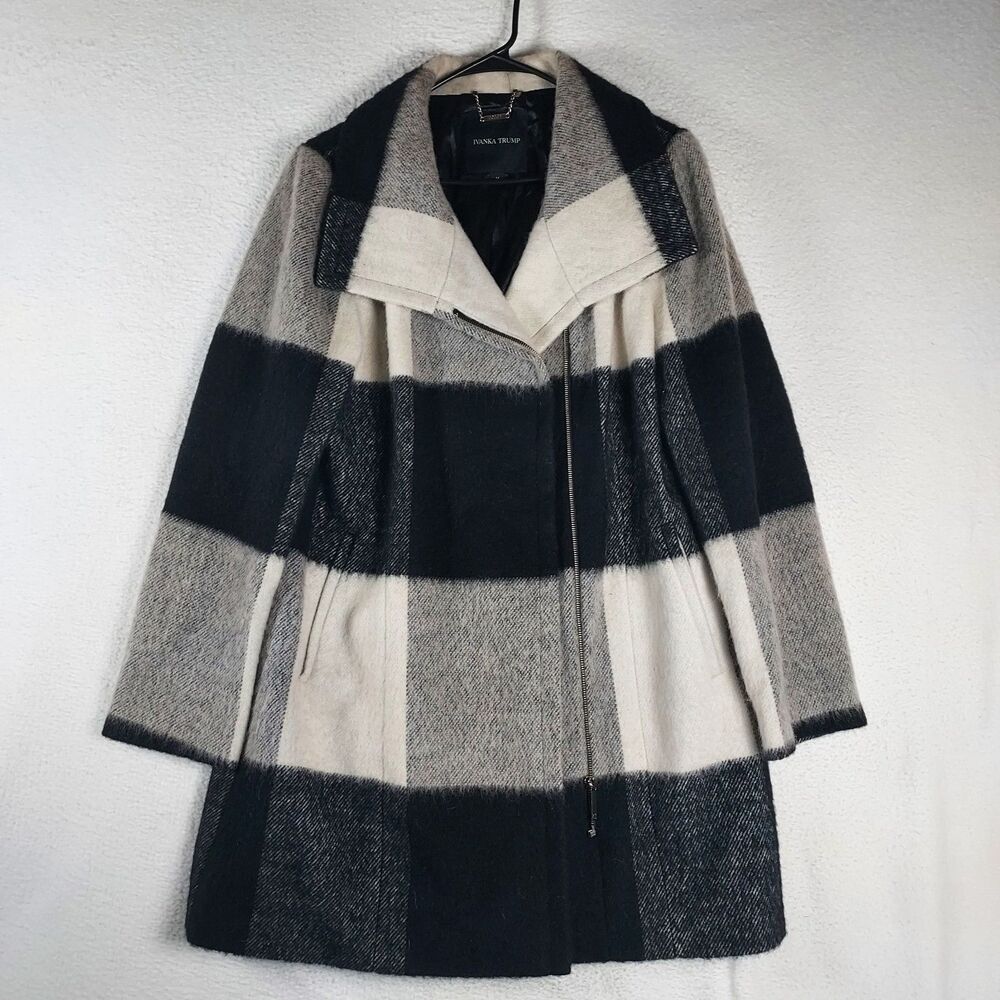 Ivanka Trump Women’s Wool Blend Coat Size 14 Black Cream Plaid Zip Front Lined